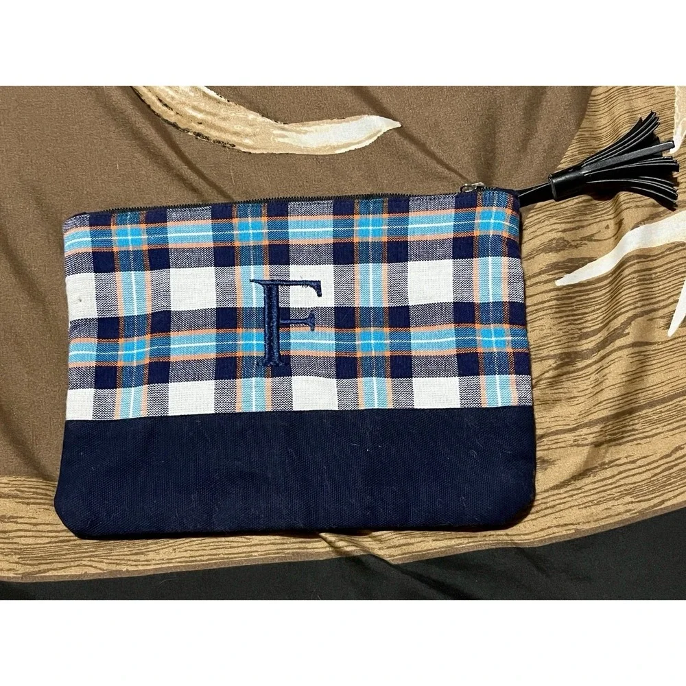 Makeup Bag Cosmetic Fabric Pouch Purse Toiletry Plaid Embroidered 